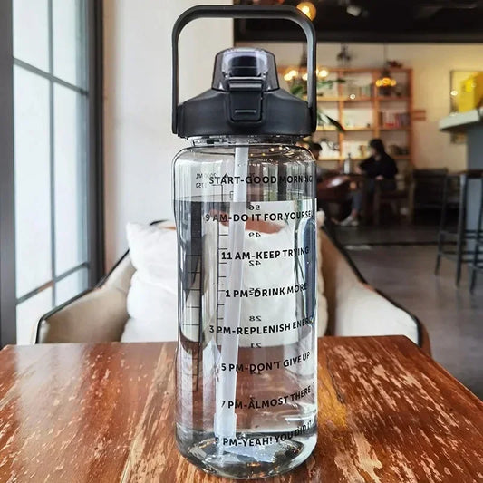 2L Capacity Water Bottle With Plastic Straw & Time Marker - Hydration Tracker