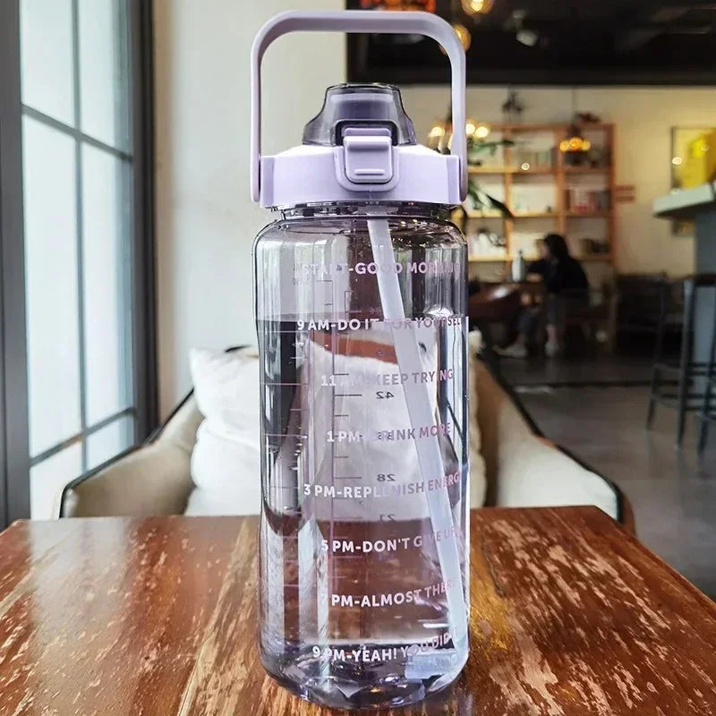 2L Capacity Water Bottle With Plastic Straw & Time Marker - Hydration Tracker