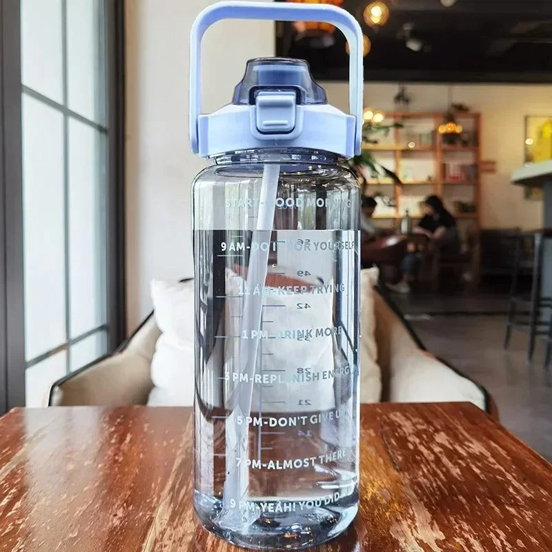 2L Capacity Water Bottle With Plastic Straw & Time Marker - Hydration Tracker