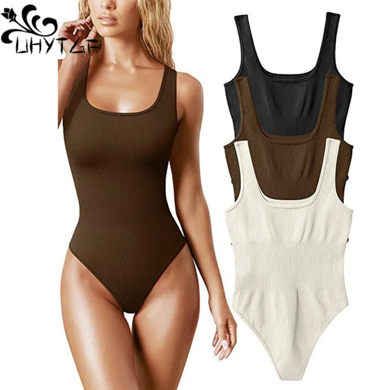 Elegant White Strappy Backless Ribbed Bodysuit for Women